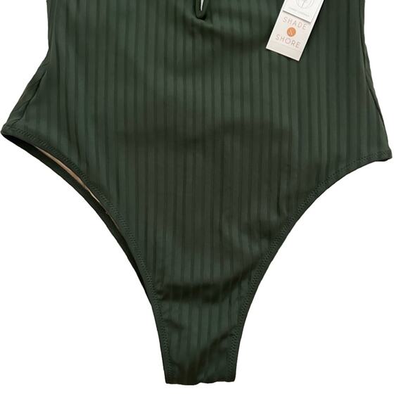 Shade & Shore Swimsuit One Piece Green Ribbed Plunge Swimsuit Size Large NEW - Picture 5 of 12